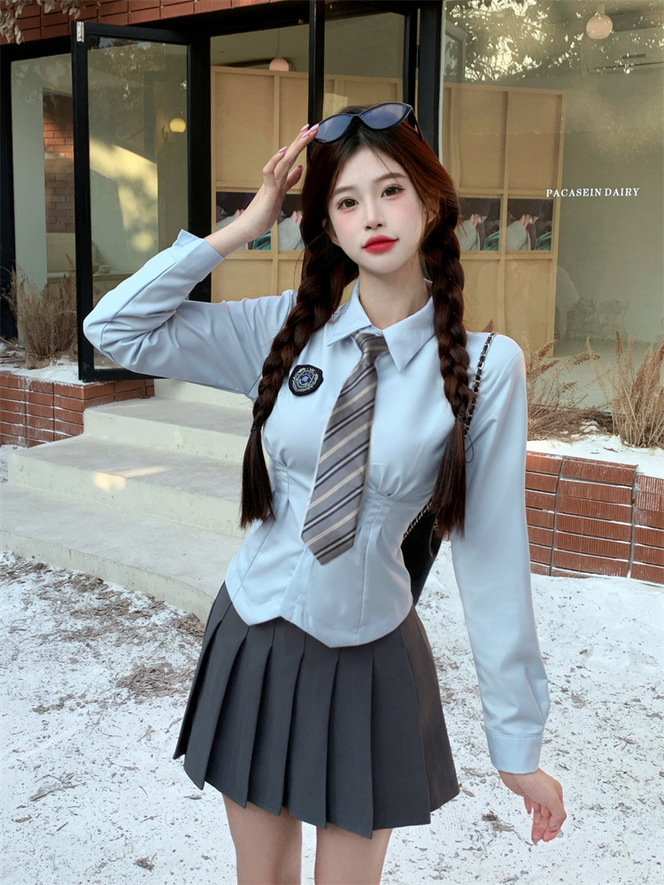 JK Slim-Fit Shirt Women Long Sleeve Pleated Skirt Uniform Set Versatile Slimming Japanese Preppy Style Blue