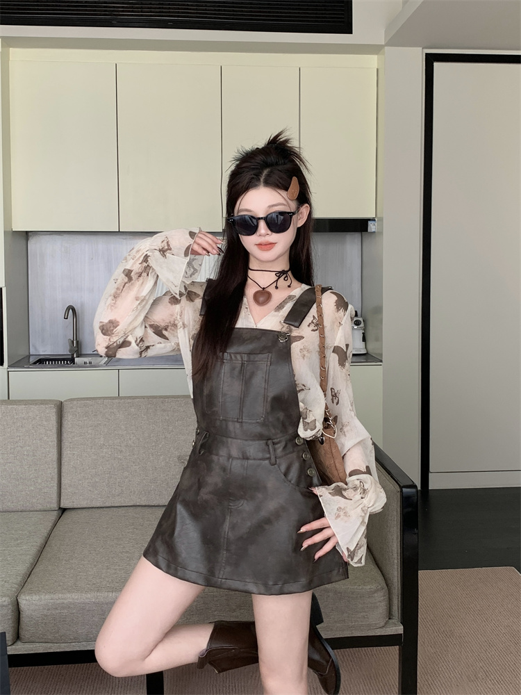 Maillard Style Shirt and Overall Leather Skirt Two-Piece Set for Women 2025 Spring Fashion
