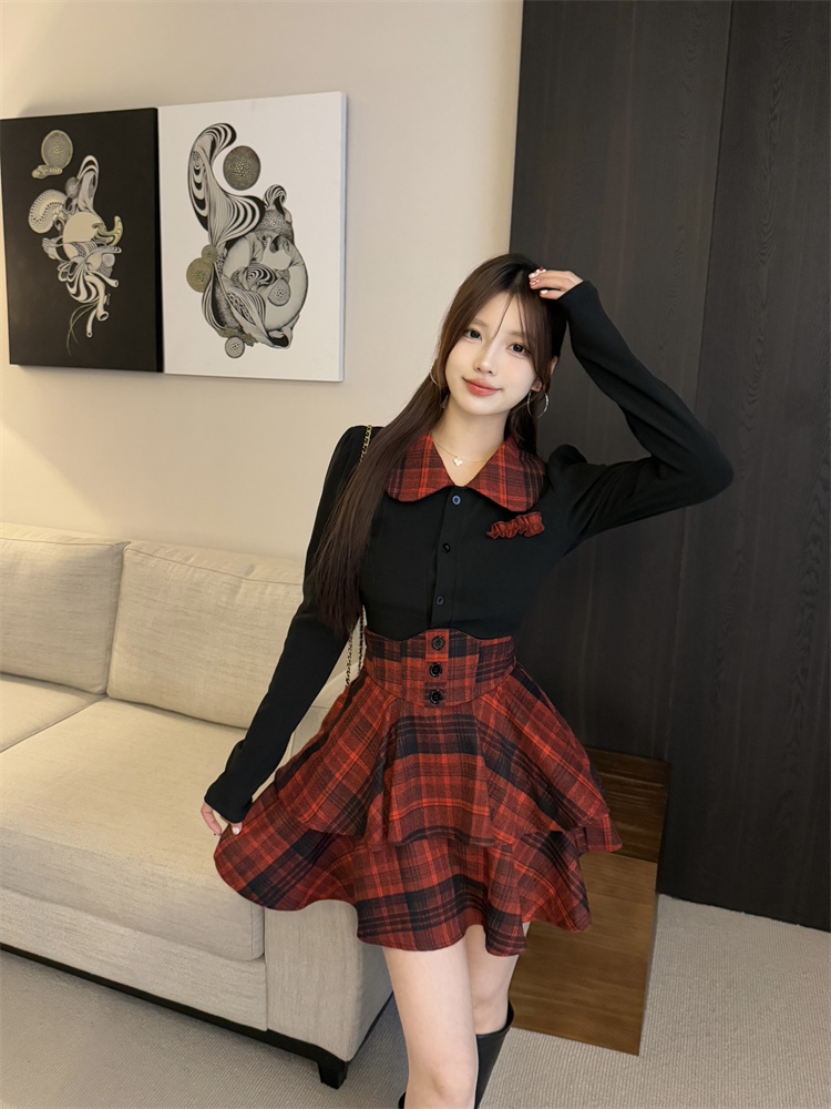 JK Uniform Style Cinched Waist Shirt and Plaid High Waist Skirt Set - Image 4