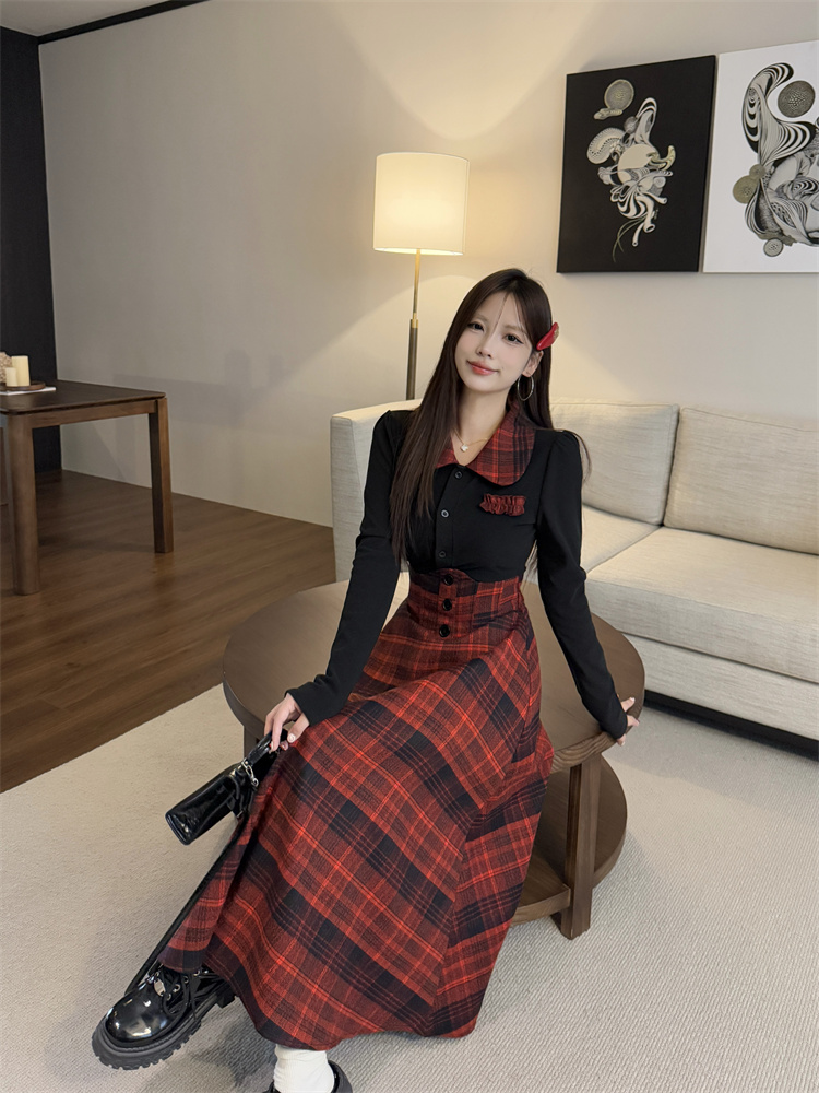 JK Uniform Style Cinched Waist Shirt and Plaid High Waist Skirt Set - Image 3
