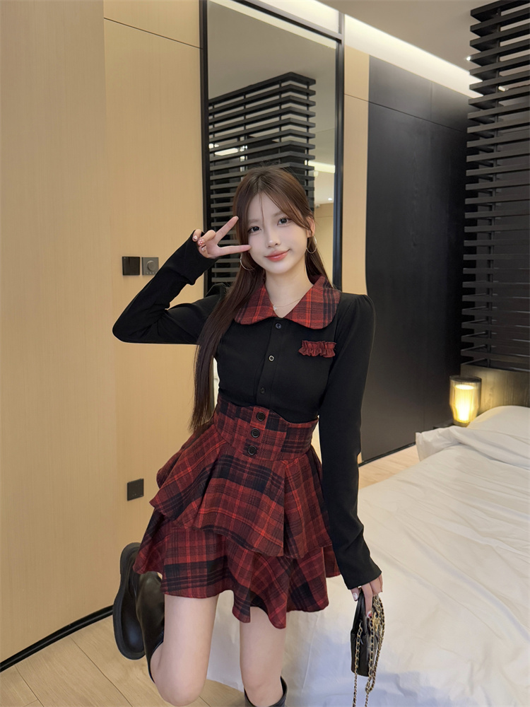 JK Uniform Style Cinched Waist Shirt and Plaid High Waist Skirt Set - Image 2