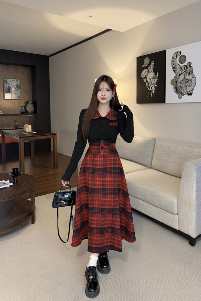 JK Uniform Style Cinched Waist Shirt and Plaid High Waist Skirt Set - Image 5