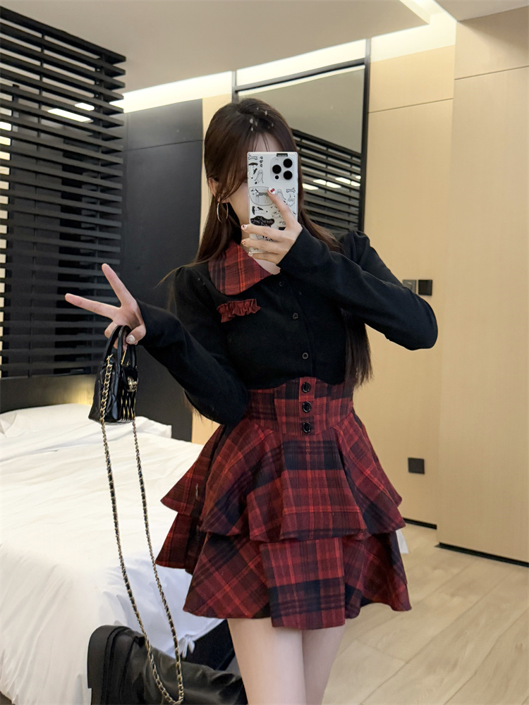 JK Uniform Style Cinched Waist Shirt and Plaid High Waist Skirt Set