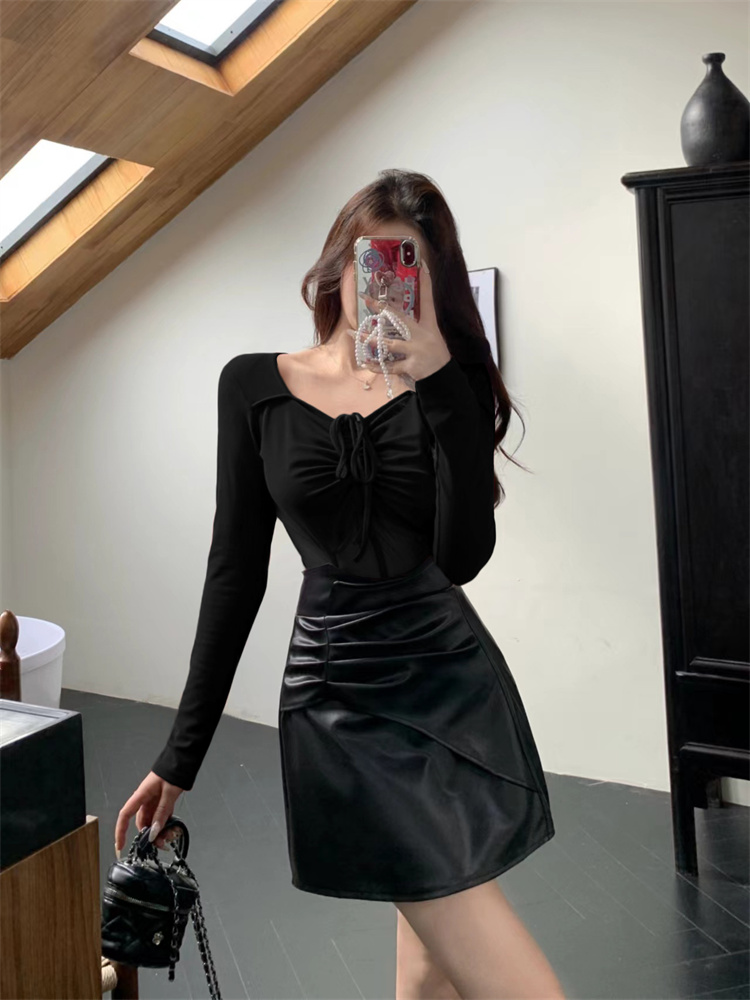 Plus Size Women’s Mesh Panel Two-Piece Set Black Long Sleeve Top and Leather Skirt