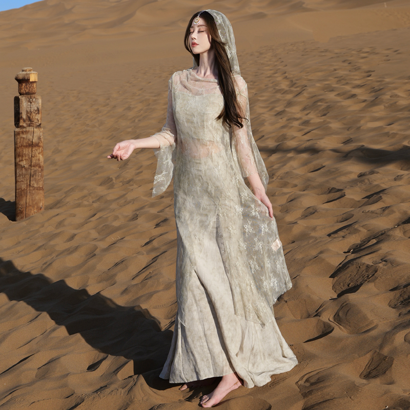 Loulan Elegant Lace Blouse Cami and Tencel Linen Mermaid Skirt Set