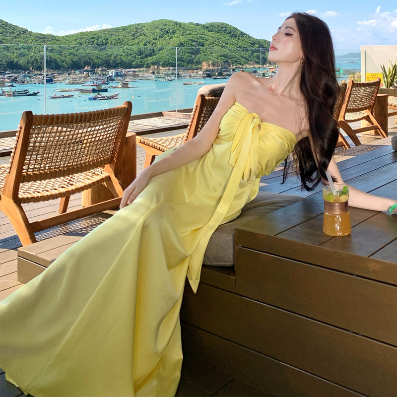 French Style Yellow Acetate Halter Neck Dress Slimming Backless Long Gown Birthday Dress - Image 2