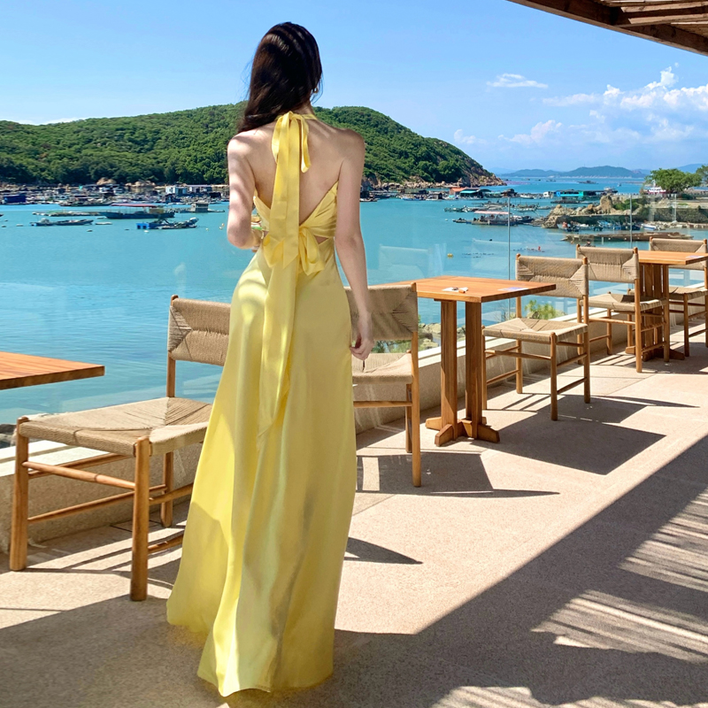 French Style Yellow Acetate Halter Neck Dress Slimming Backless Long Gown Birthday Dress - Image 5
