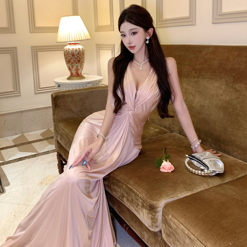 Champagne Pink Adjustable Deep V Neck Backless Twist Knot Dress for Women