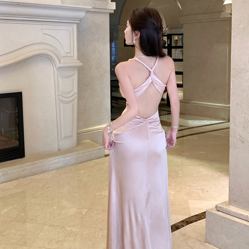 Champagne Pink Adjustable Deep V Neck Backless Twist Knot Dress for Women - Image 3