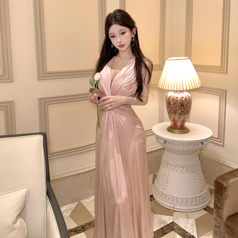 Champagne Pink Adjustable Deep V Neck Backless Twist Knot Dress for Women - Image 2