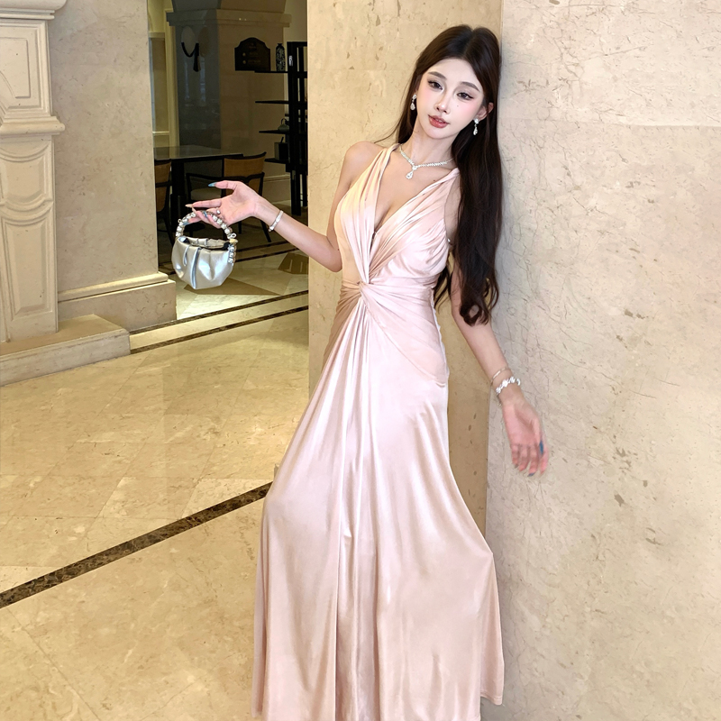 Champagne Pink Adjustable Deep V Neck Backless Twist Knot Dress for Women - Image 5