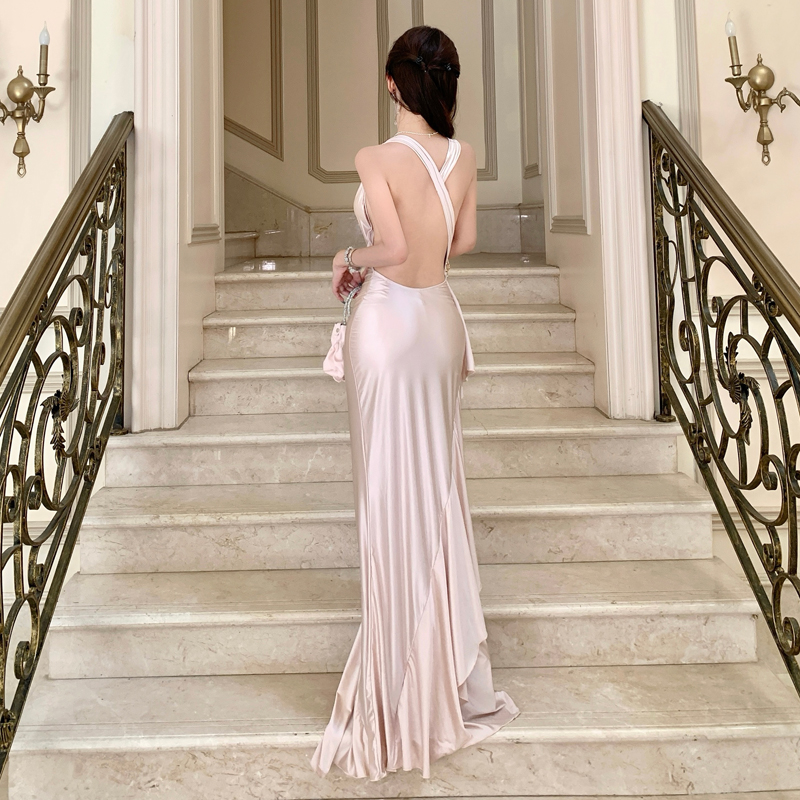 Shimmer Rose Design Backless Pleated Satin Party Dress - Image 2