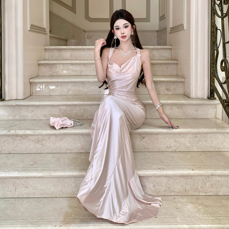 Shimmer Rose Design Backless Pleated Satin Party Dress - Image 5