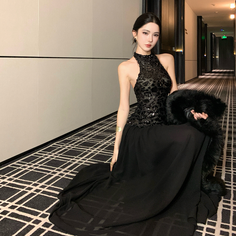 Dark Night Muse Black Sequin Dress Autumn High-End Halter Sleeveless Backless Long Gown