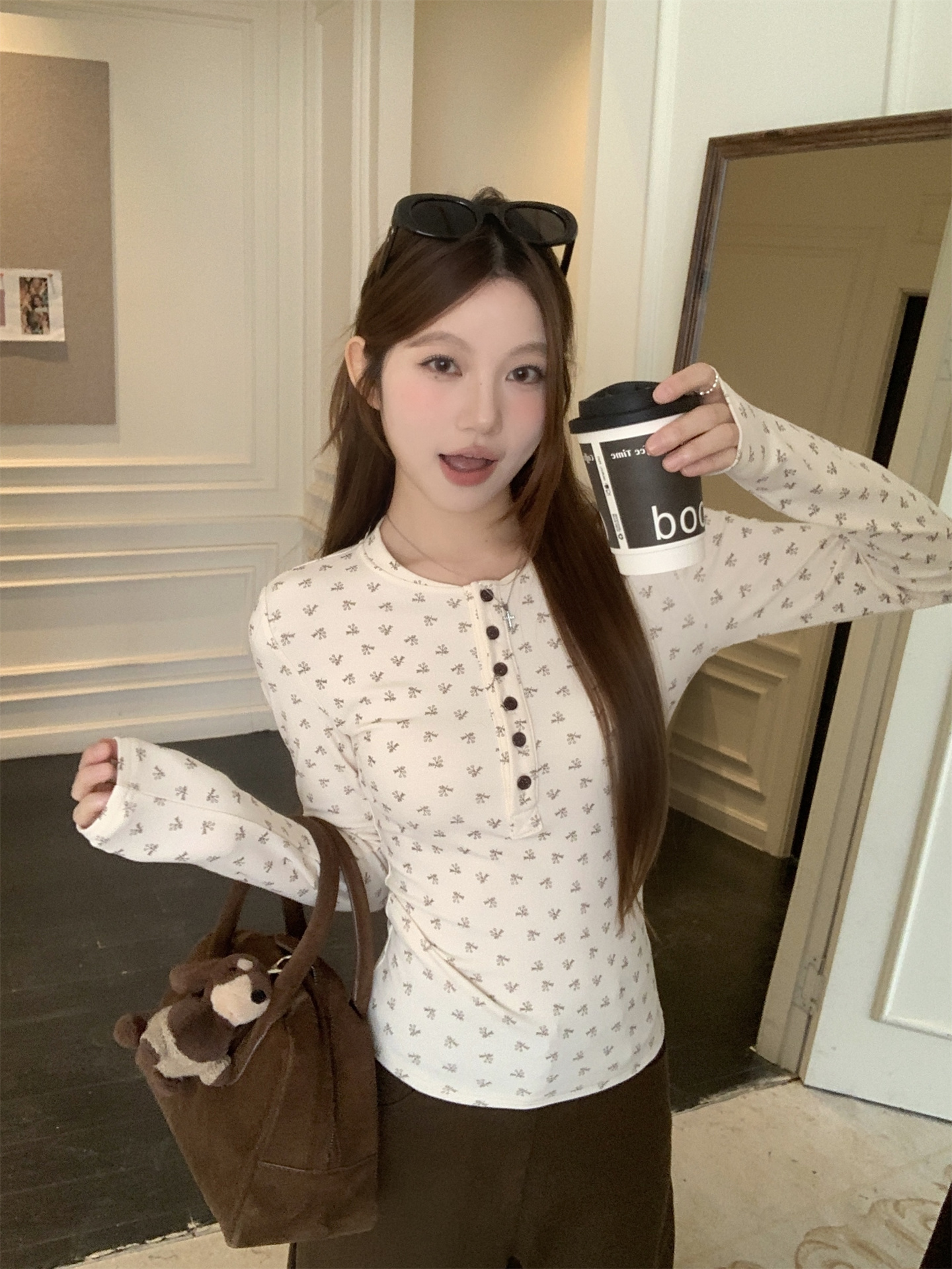 Sweet Vintage Floral Henley Slim Long Sleeve Top