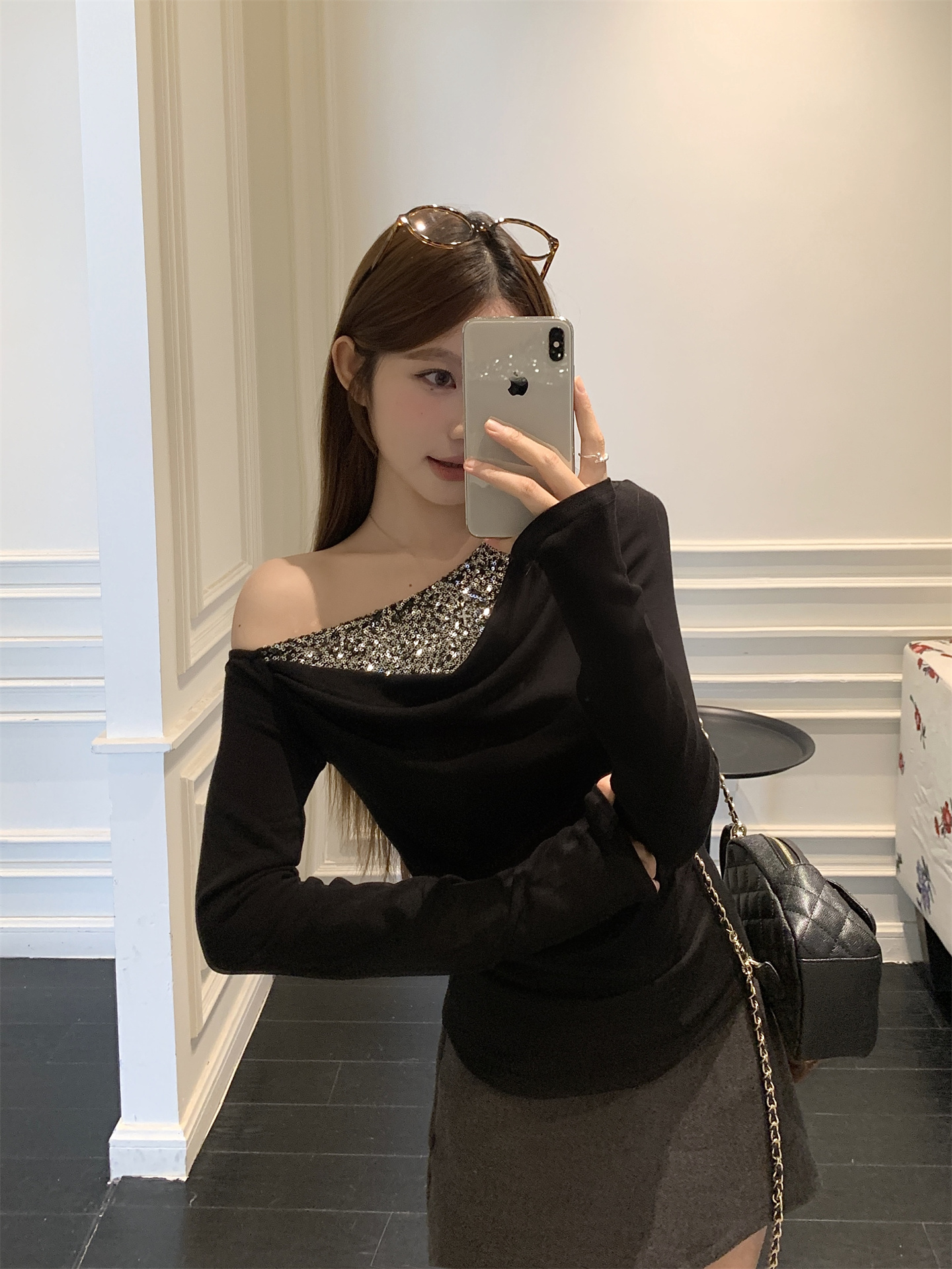 Women’s Off-Shoulder Draped Neck Sequin Patchwork Long Sleeve Top
