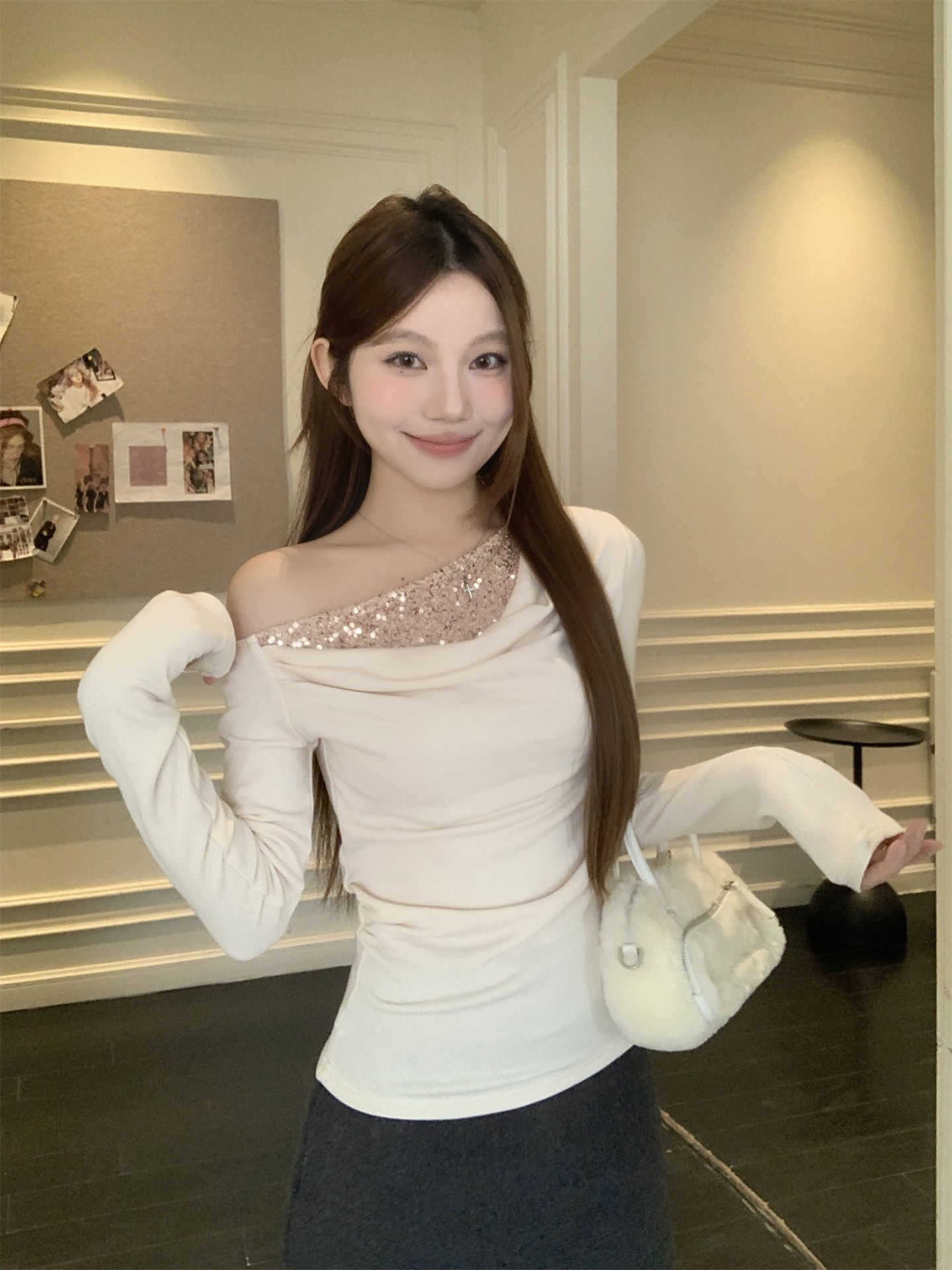 Women's Off-Shoulder Draped Neck Sequin Patchwork Long Sleeve Top - Image 2