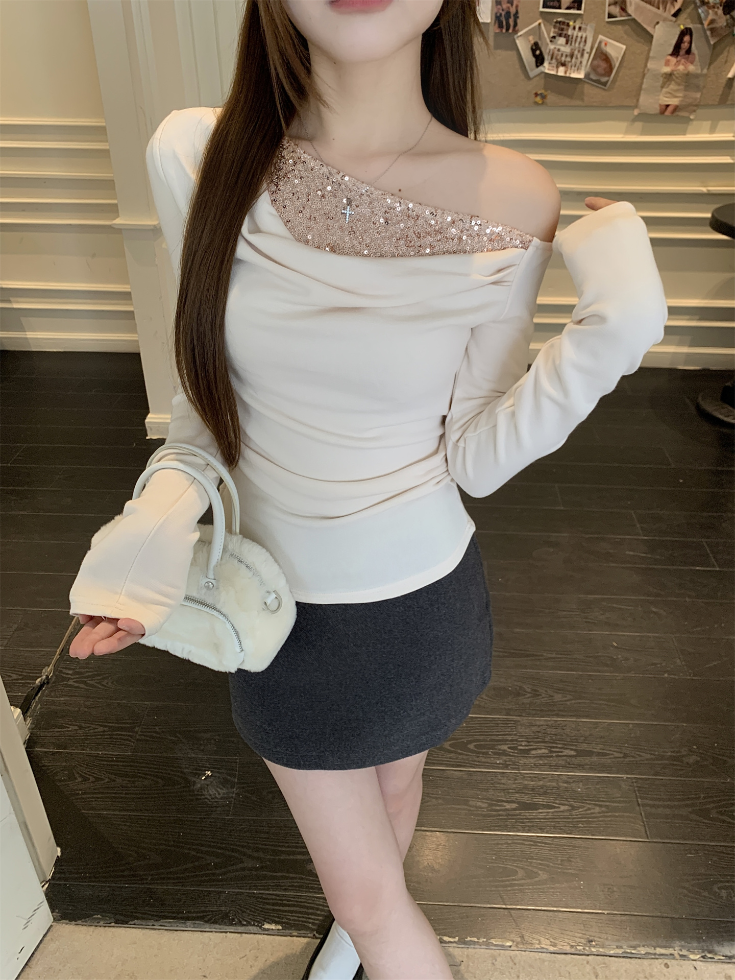 Women's Off-Shoulder Draped Neck Sequin Patchwork Long Sleeve Top - Image 4