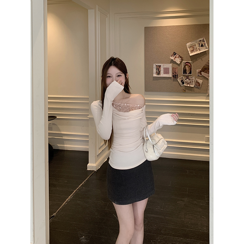 Women's Off-Shoulder Draped Neck Sequin Patchwork Long Sleeve Top - Image 5