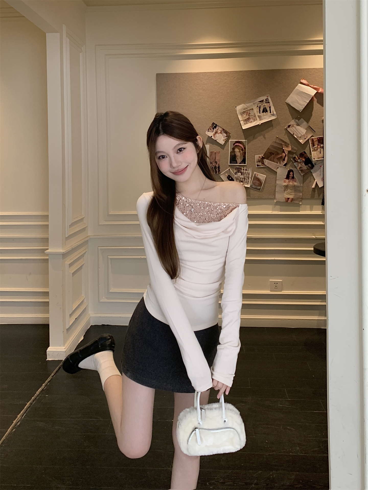 Women’s Off-Shoulder Draped Neck Sequin Long Sleeve Top