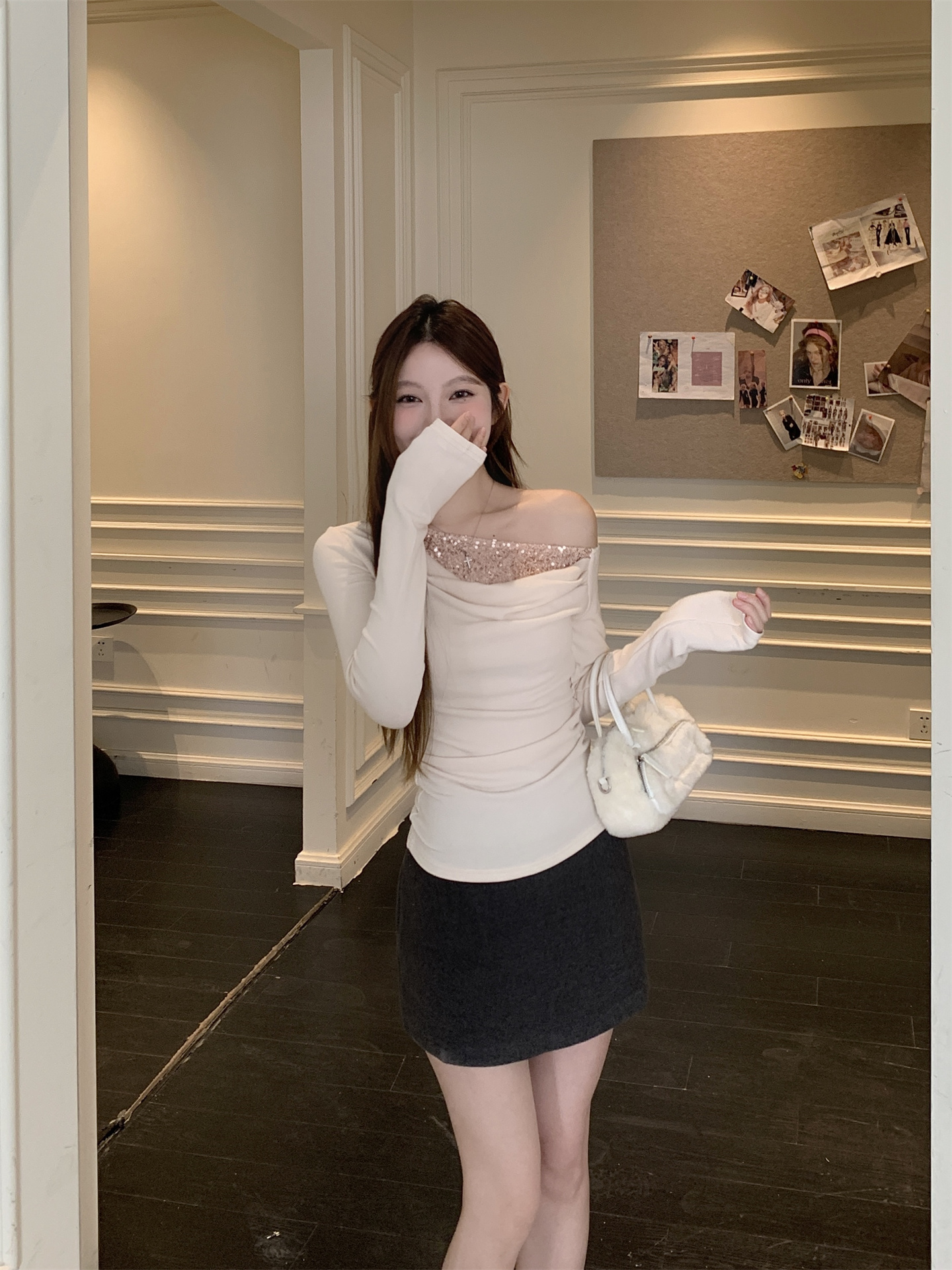 Women's Off-Shoulder Draped Neck Sequin Long Sleeve Top - Image 2