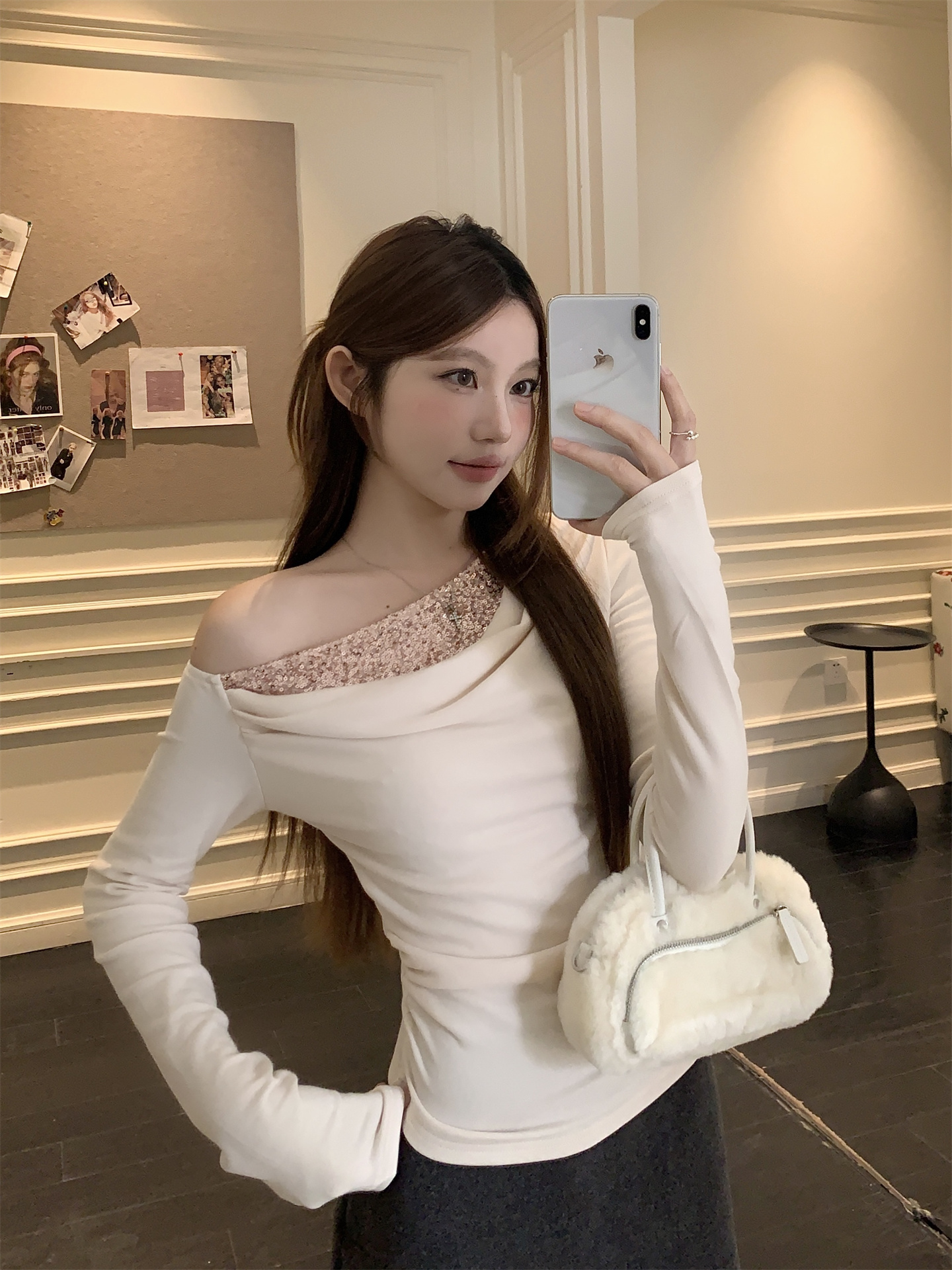 Women's Off-Shoulder Draped Neck Sequin Long Sleeve Top - Image 3