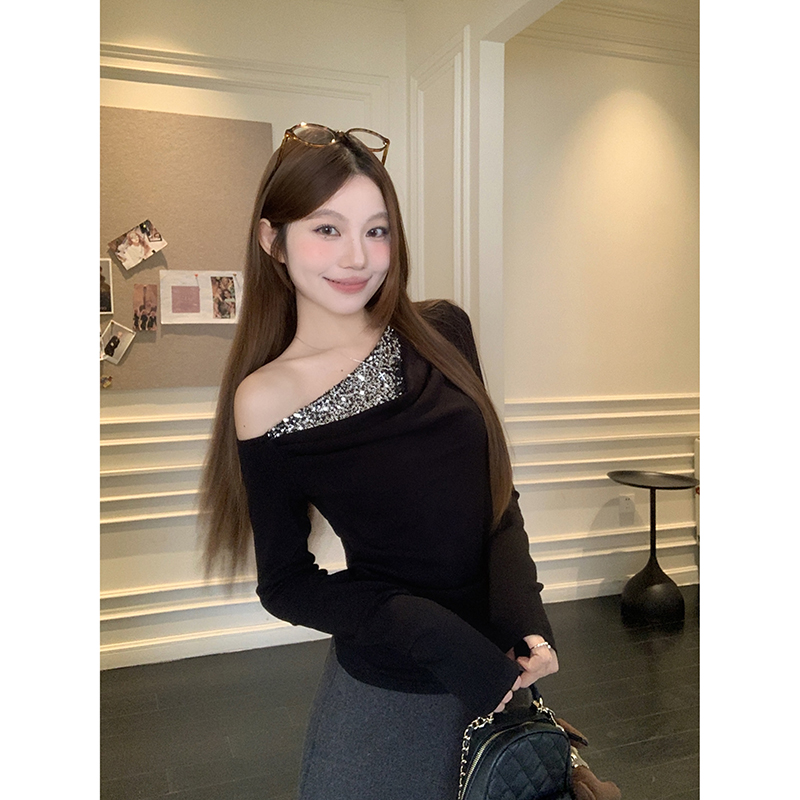 Women's Off-Shoulder Draped Neck Sequin Long Sleeve Top - Image 5