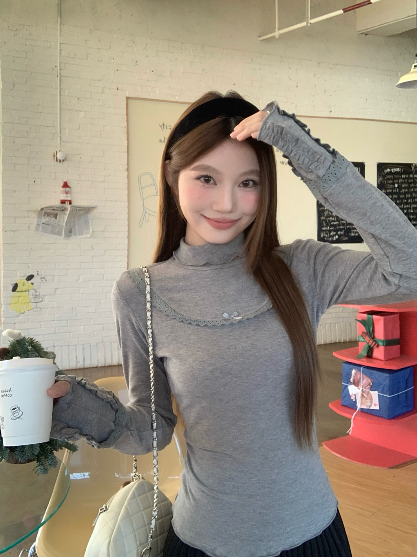 Women’s Slim Fit High Neck Ruffle Trim Long Sleeve Base Layer Top