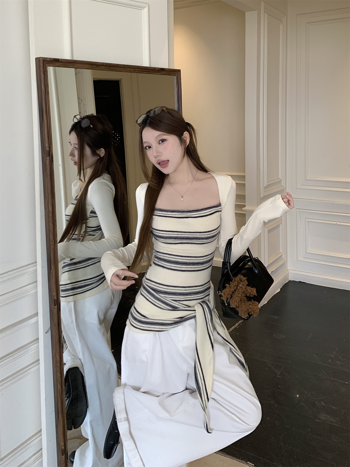 Sweet Style Women’s Long Sleeve Off-Shoulder Lace-Up Layered Look Top