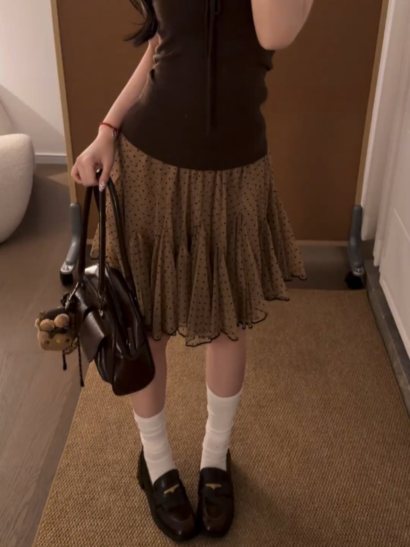 French Brown Mesh Polka Dot A-Line Skirt for Women Summer Petite High Waist Puffy Short Skirt