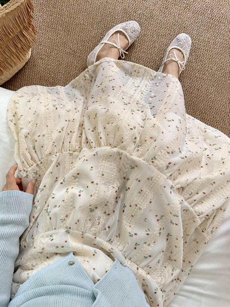 Beige Floral Midi Cake Skirt for Women Spring 2026 A-Line