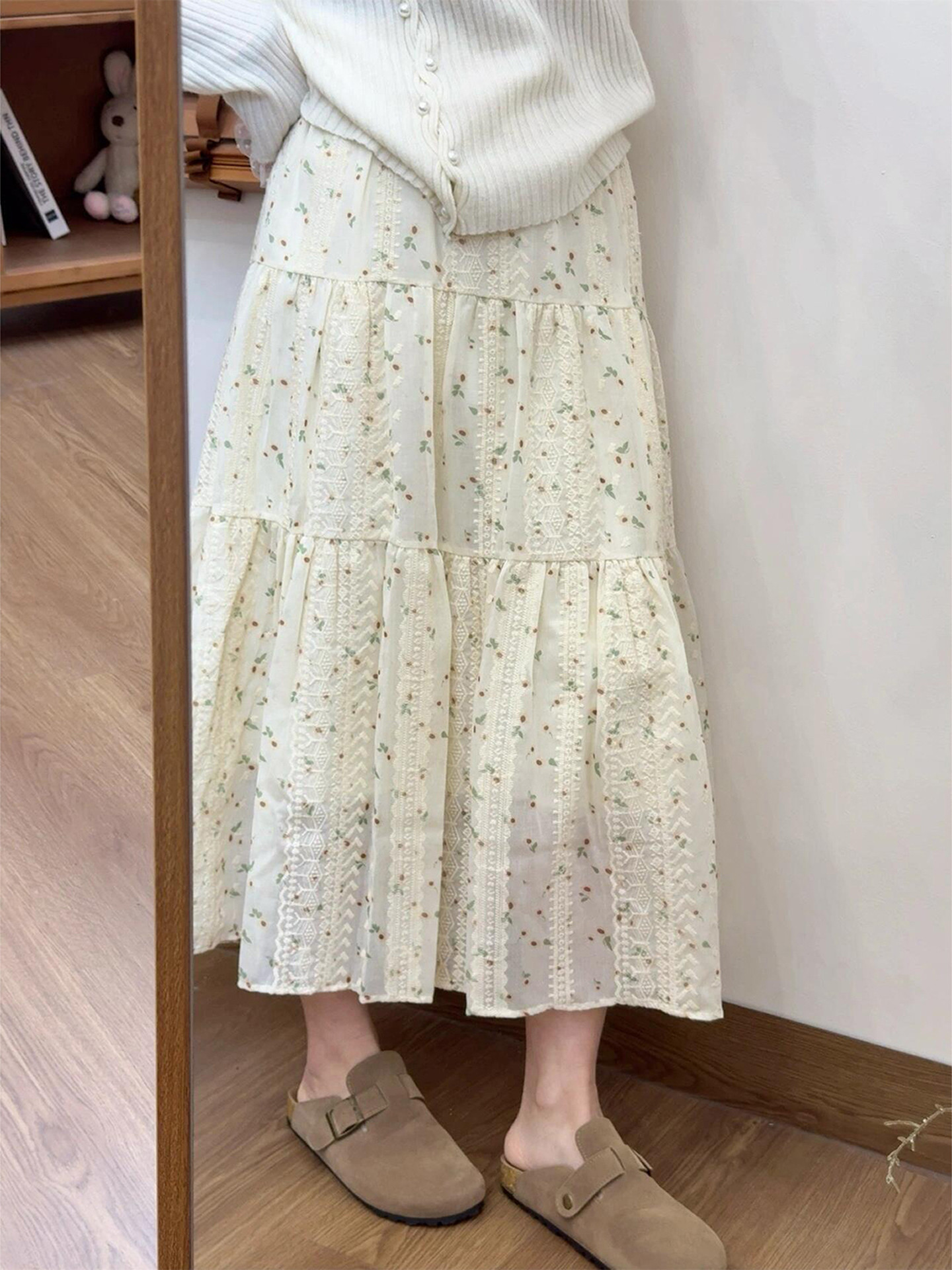 White Floral A-Line Midi Skirt for Women Summer 2026 High Waist Petite Cake Skirt