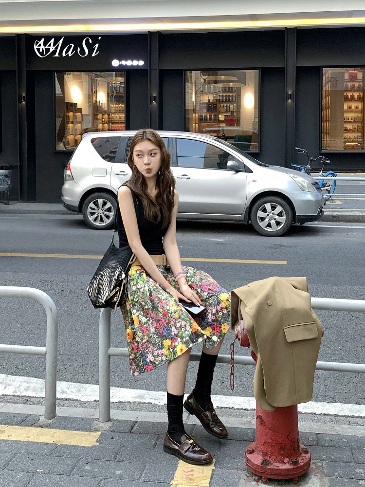 Oil Painting Floral Pleated Vintage Short Skirt Korean Style Spring Summer