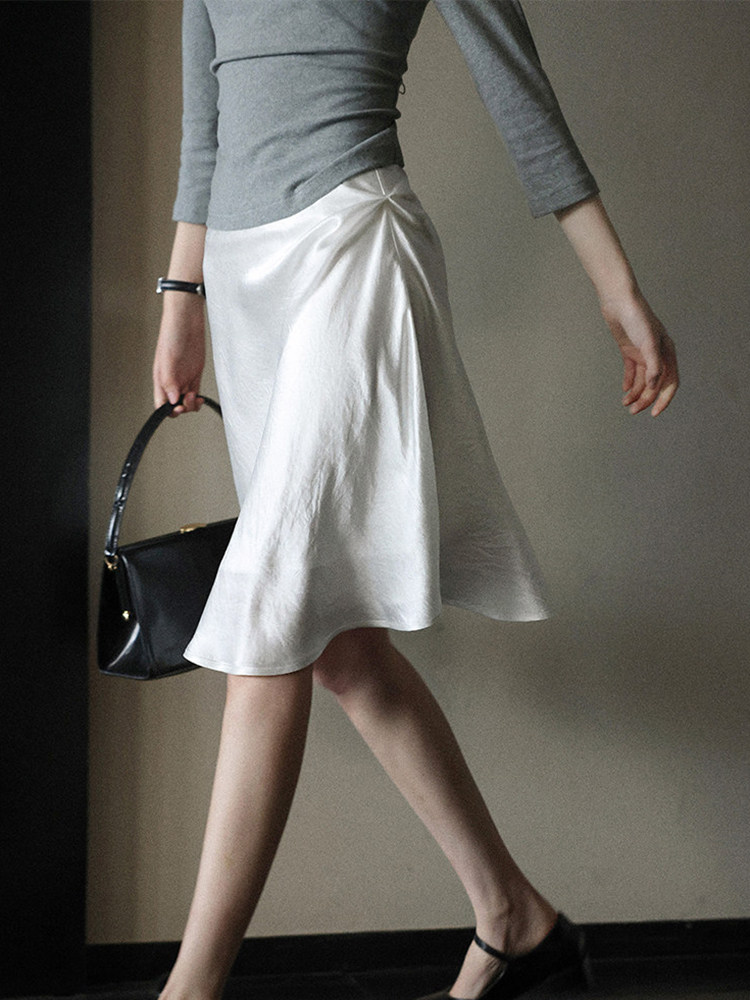 High Value 100% Acetate Bias Cut Flowy Mermaid Skirt Slimming Pearl White