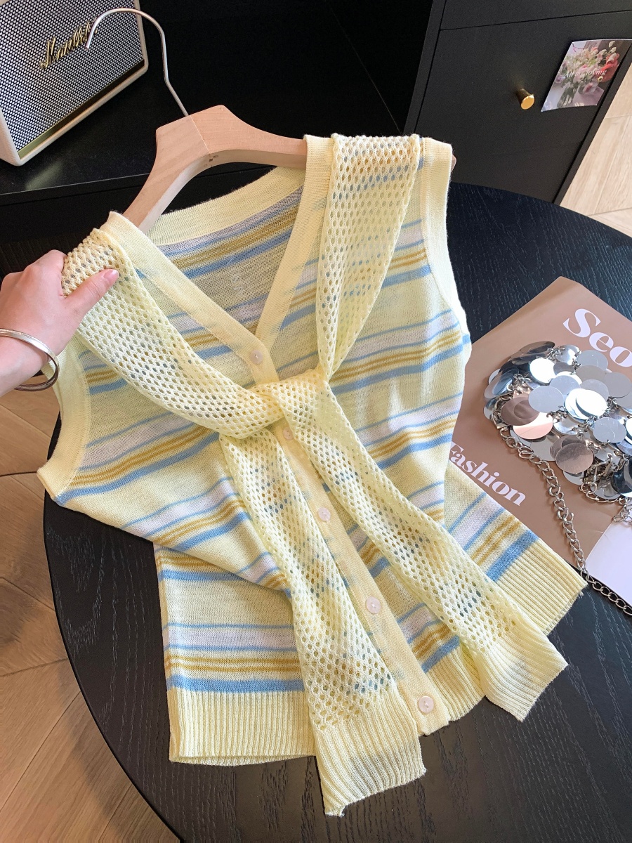 Women Summer Sleeveless V-Neck Striped Color Block Knit Cardigan Top