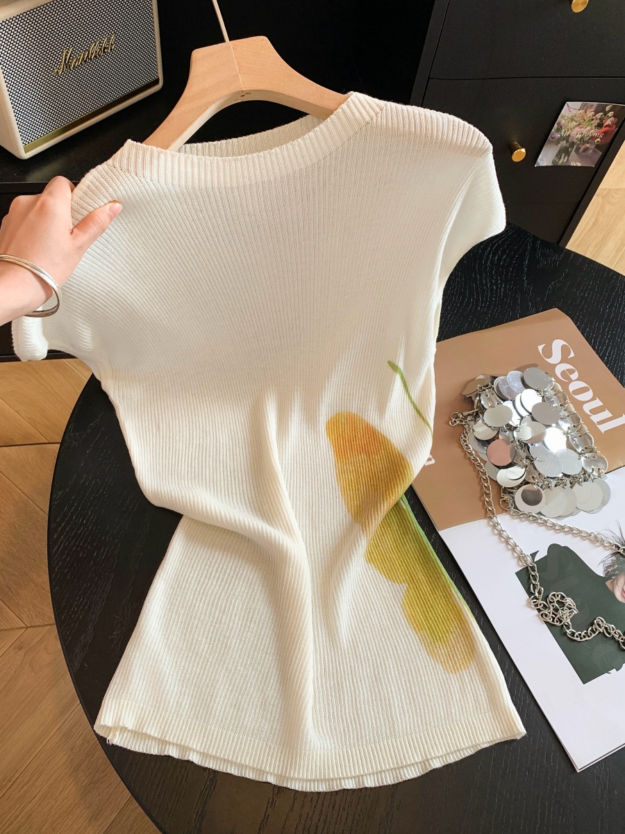 Women’s Short Sleeve Knit Top Summer Off-White Half High Neck Slim Fit Casual