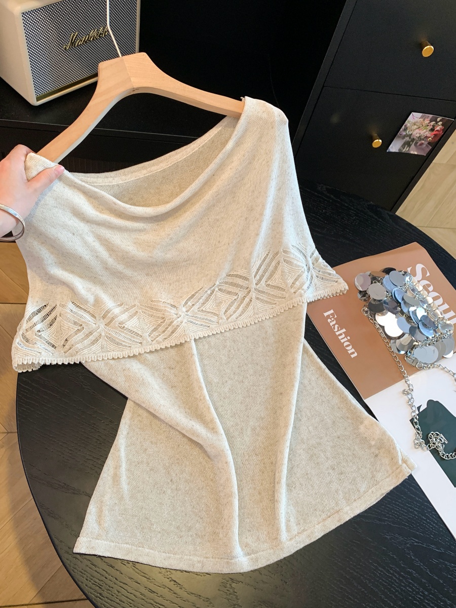 Women’s Lazy Vintage Openwork Off-Shoulder Knit Top 2026 Summer New Gentle Temperament Off-Shoulder Top