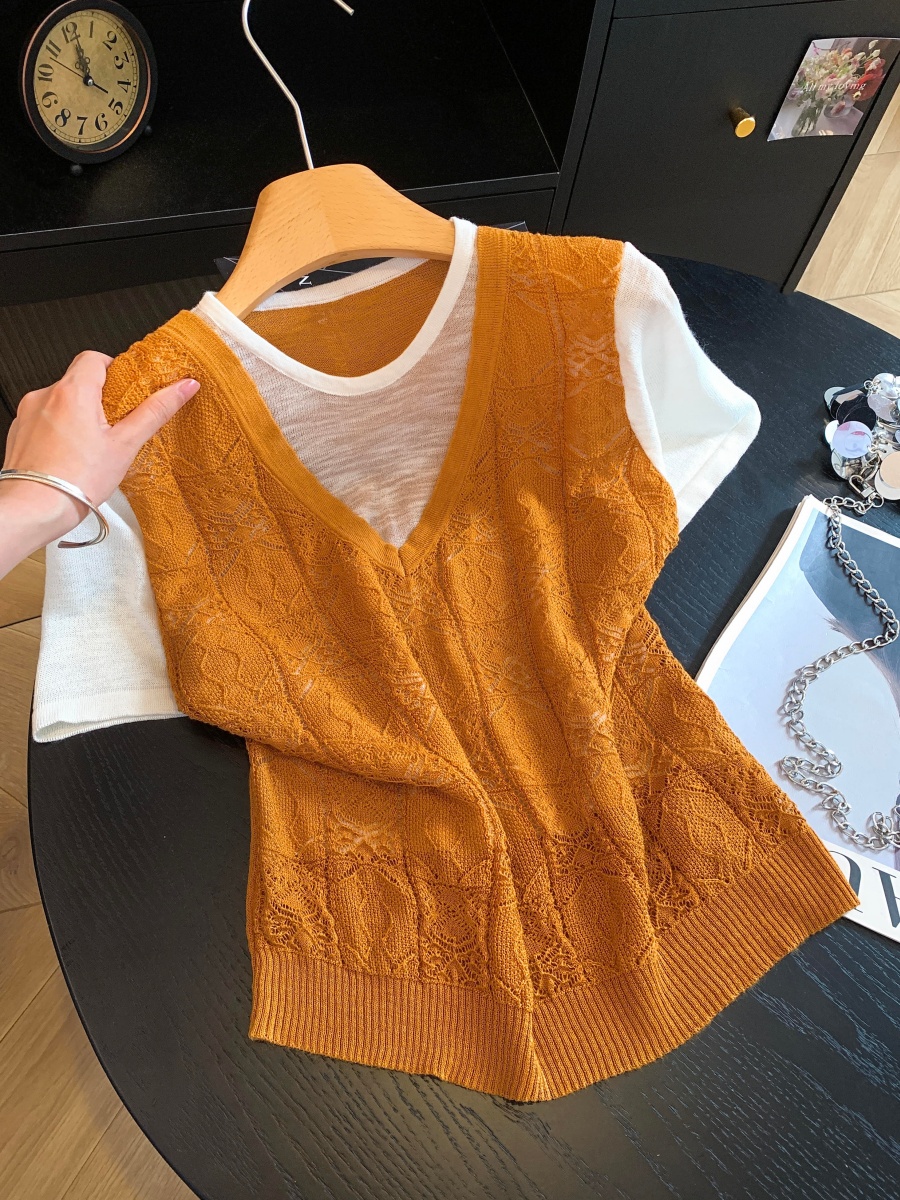 2026 Summer New Faux Two-Piece Short Sleeve Knit Top for Women Loose Slimming Korean Color Block Short Sleeve T-Shirt