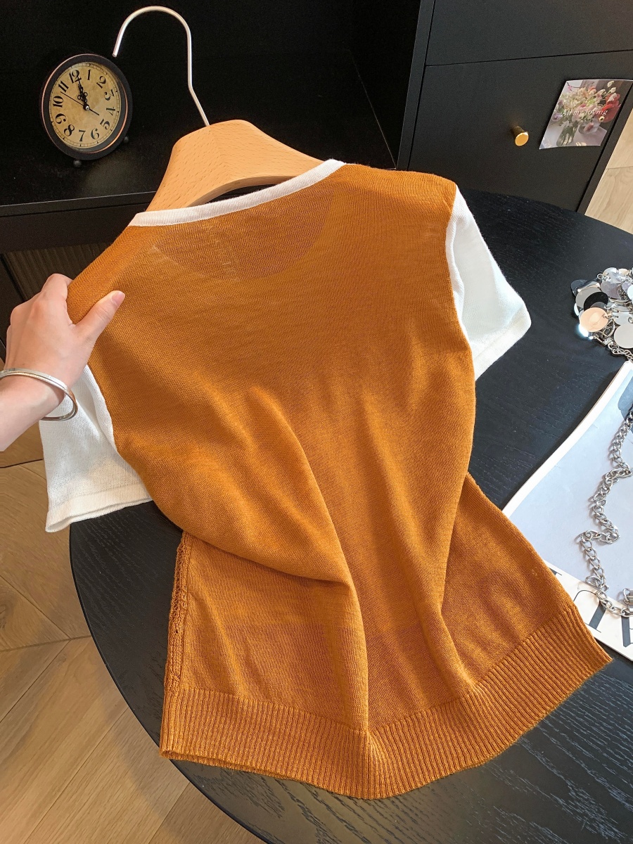 2026 Summer New Faux Two-Piece Short Sleeve Knit Top for Women Loose Slimming Korean Color Block Short Sleeve T-Shirt - Image 3