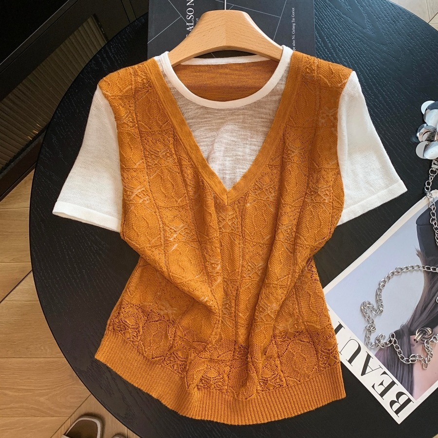 2026 Summer New Faux Two-Piece Short Sleeve Knit Top for Women Loose Slimming Korean Color Block Short Sleeve T-Shirt - Image 4