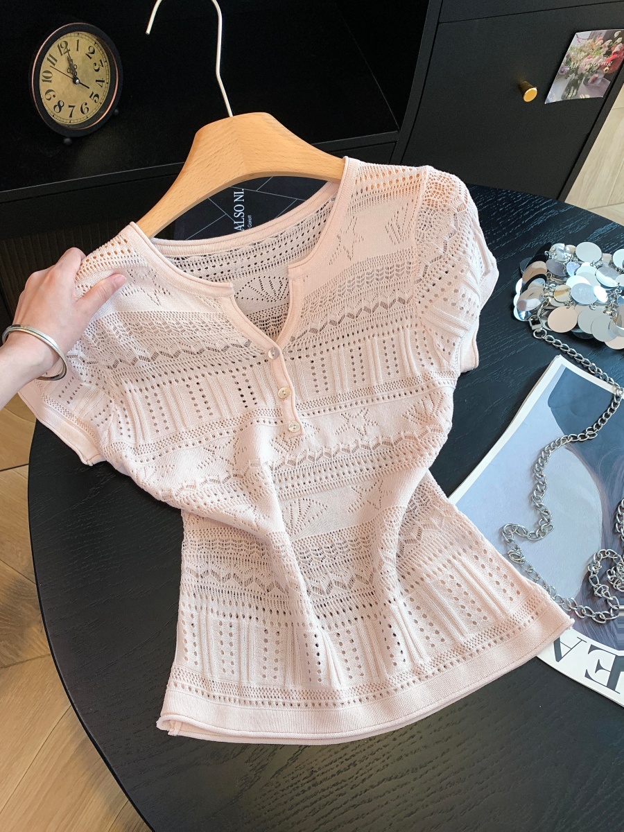 Women’s Openwork Half-Open Neck Short Sleeve Knit Top 2026 Summer Slim Fit