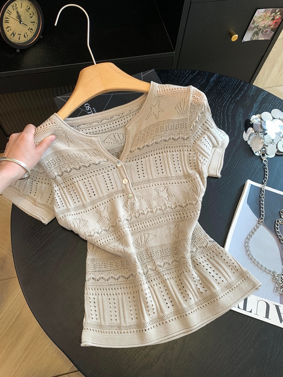 Women's Openwork Half-Open Neck Short Sleeve Knit Top 2026 Summer Slim Fit - Image 4