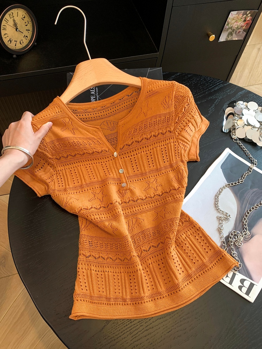Women's Openwork Half-Open Neck Short Sleeve Knit Top 2026 Summer Slim Fit - Image 3