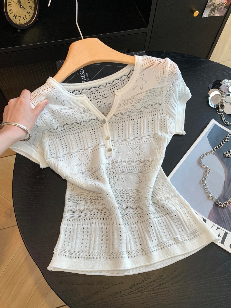 Women's Openwork Half-Open Neck Short Sleeve Knit Top 2026 Summer Slim Fit - Image 2
