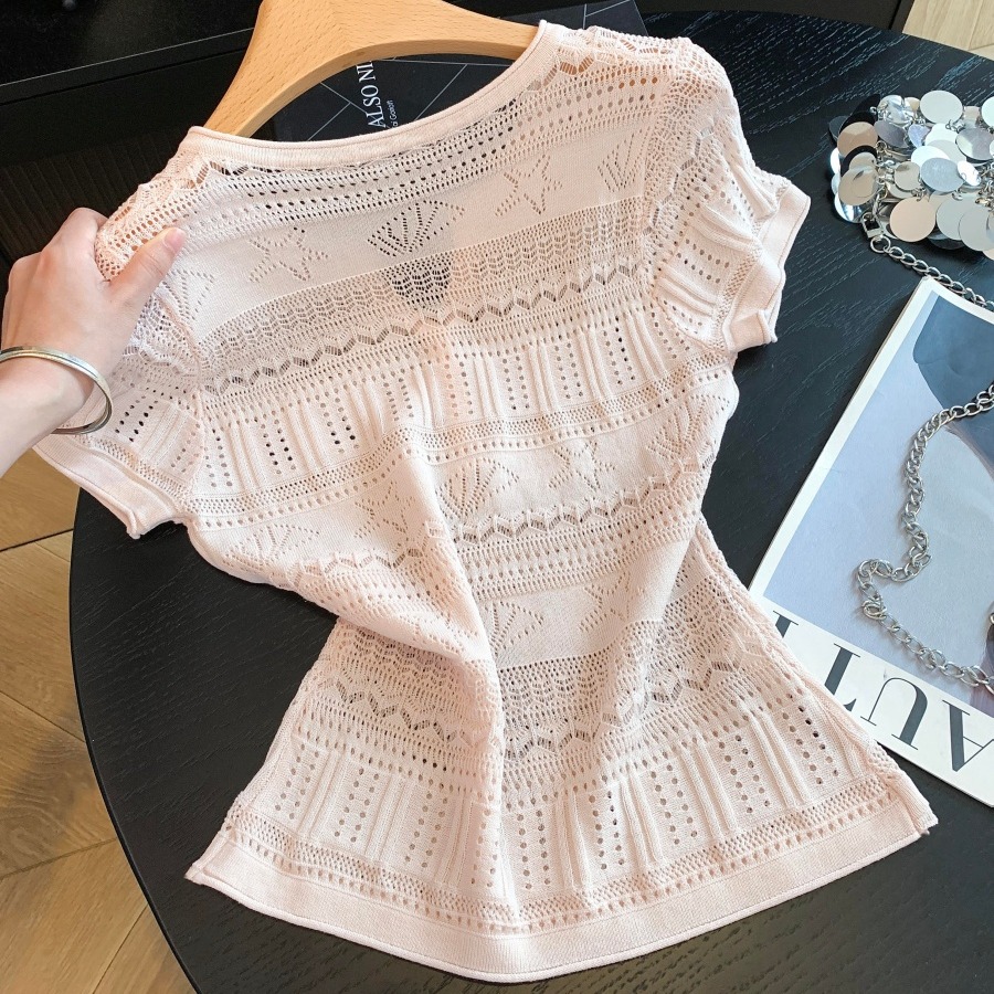 Women's Openwork Half-Open Neck Short Sleeve Knit Top 2026 Summer Slim Fit - Image 5