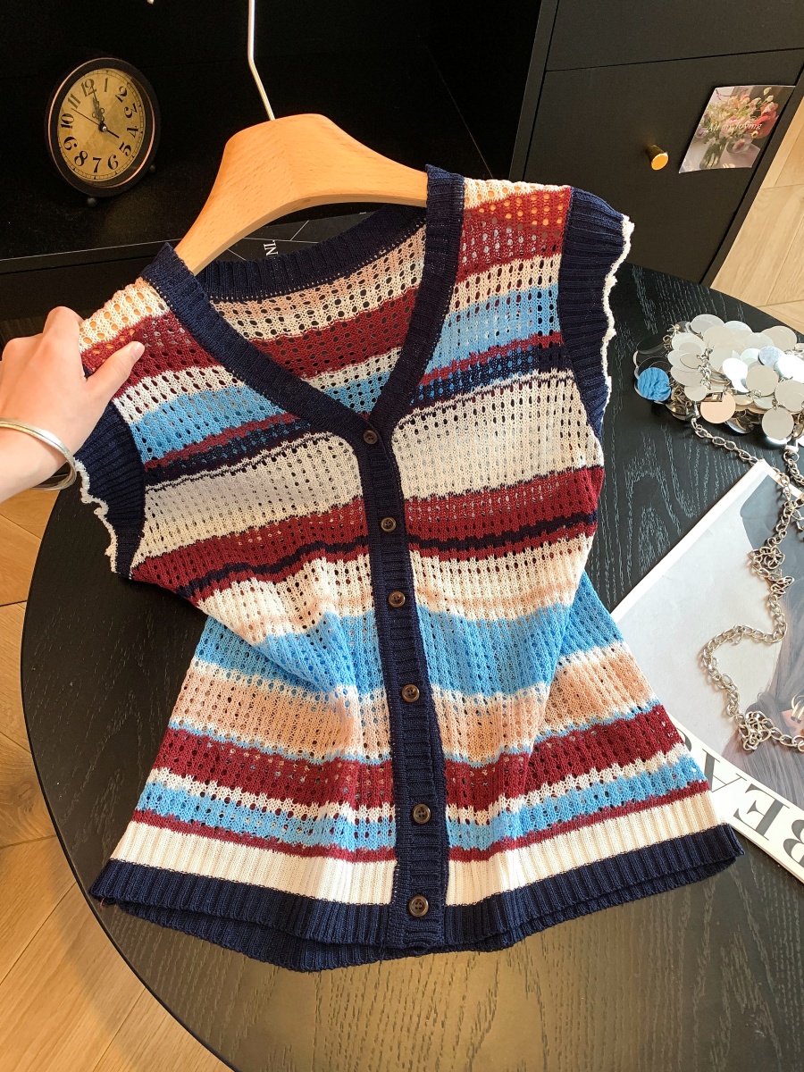 V-Neck Colorful Striped Knit Cardigan Women 2026 Summer New Design