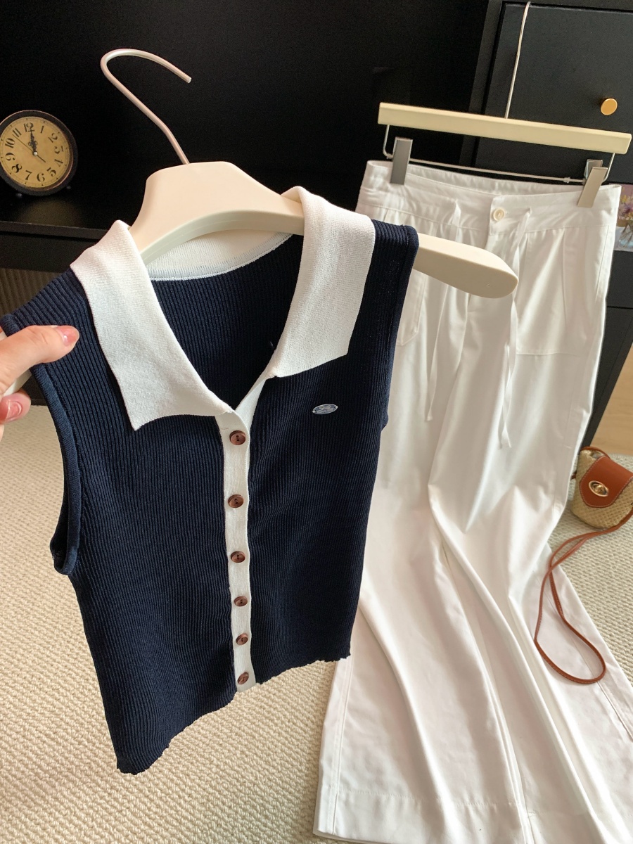 Korean Retro Color Block Polo Neck Sleeveless Knit Vest Women Summer Single Breasted Slim Fit Versatile Thin Top – Style fef338